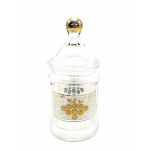 Vintage Glass Lidded Apothecary Jar Gold Grapes Design Bathroom Vanity Décor 7"